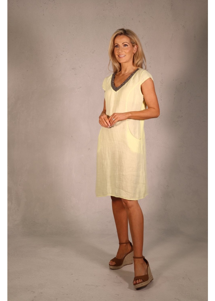 Deck | Beaded Linen Lemon Dress