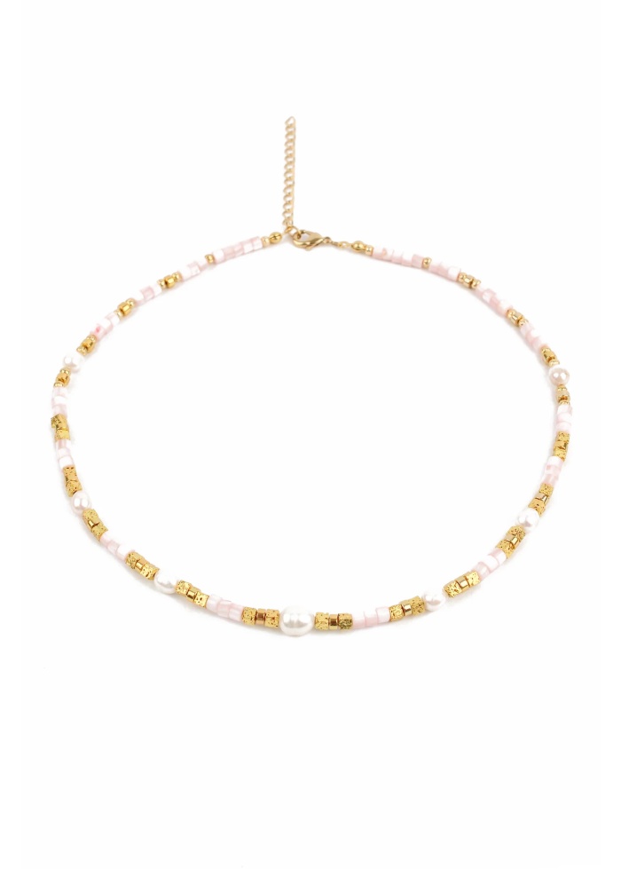 MyDoris | Beaded Pink Cube and Gold Pearl Necklace