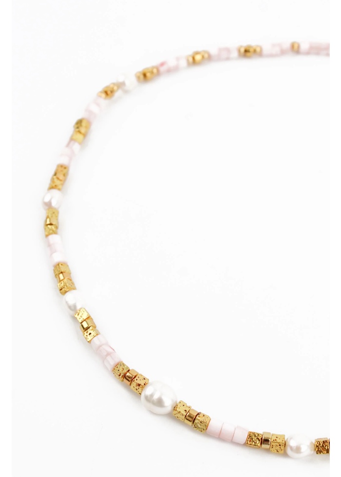 MyDoris | Beaded Pink Cube and Gold Pearl Necklace
